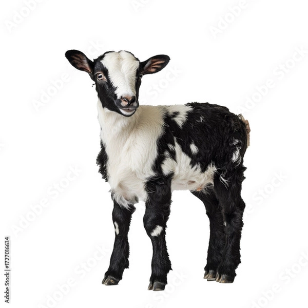Fototapeta Small domestic black and white kid goat staring into camera, isolate on transparent white background