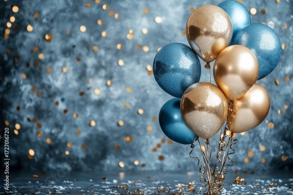 Fototapeta Holiday background with golden and blue metallic balloons, confetti and ribbons. Festive card for birthday party, anniversary, new year, christmas or other events. Created with, Generative AI