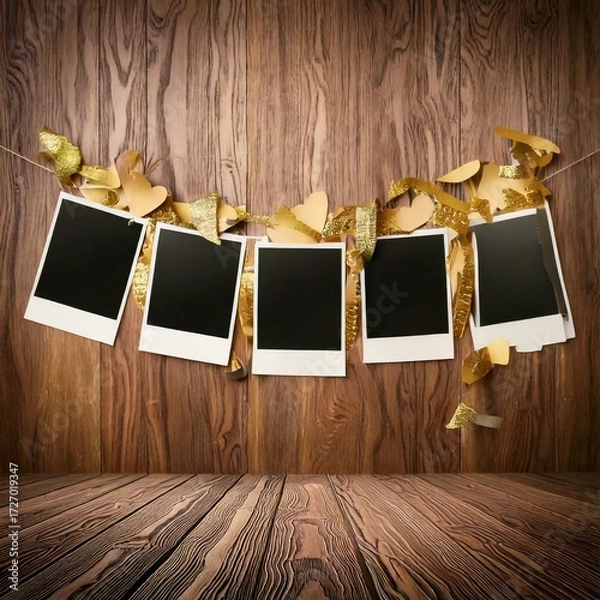 Fototapeta Memories on Display: Blank photo frames hanging from a string, with a wooden wall background that evoke a sense of nostalgia and anticipation, perfect for adding personal photos and memories.
