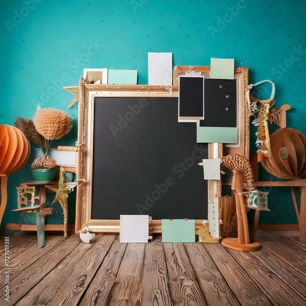 Fototapeta Creative Decor and Empty Blackboard: A stylish arrangement of unique handcrafted decorations, a classic framed blackboard sits prominently on a vintage wooden floor against a teal backdrop.