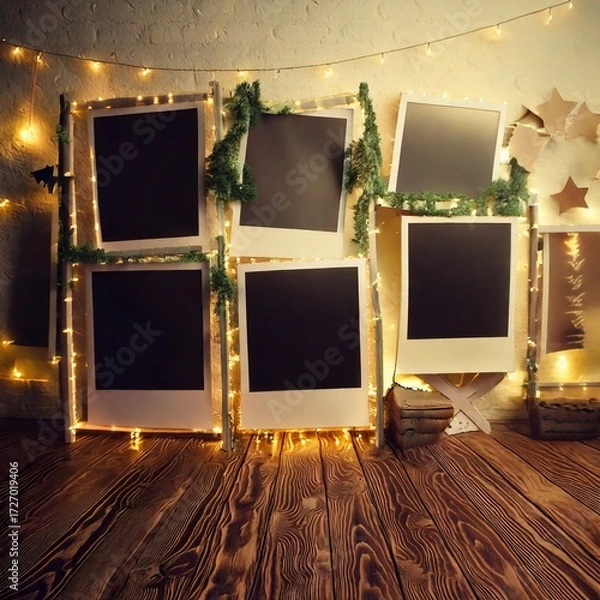 Fototapeta Photo Frame Display: A charming display of framed photos, inviting the viewer to imagine personal memories within, framed by delicate lights and rustic wooden details.