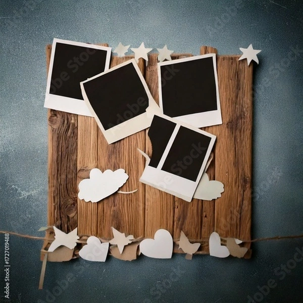 Fototapeta Rustic Photo Display: A charming wooden board adorned with blank photo frames and delicate paper cutouts, creating a nostalgic and artistic display.