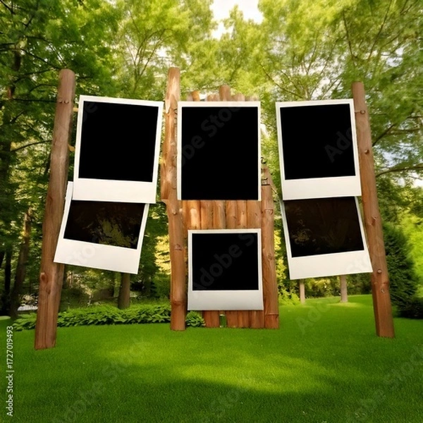 Fototapeta Blank Canvas in Nature's Embrace: A charming display of five blank photo frames stands gracefully amidst a vibrant green lawn.