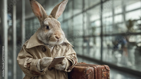 Fototapeta Cute bunny in human clothes waits in a public space, symbolizing solo travel, curiosity, and modern mobility in a magical setting