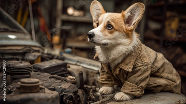 Fototapeta Anthropomorphic dog in a garage setting mimics a car repair scene, merging animal humor with professional aesthetics