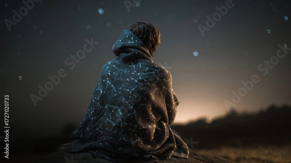 Fototapeta Quiet winter night with falling snow and lonely man looking forward in knitted cardigan with star map. Concept of reflection and quiet solitude