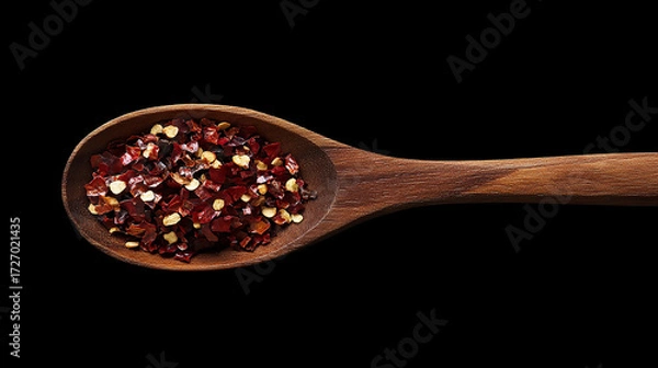 Fototapeta Macro Close-up Red pepper flakes in a wooden spoon a close-up shot against a black background perfect for culinary and spice-related designs isolated on black background
