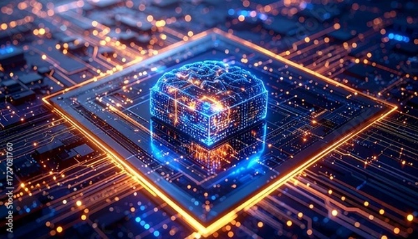 Obraz Abstract glowing brain atop circuit board with network lines, bokeh, and vibrant colors