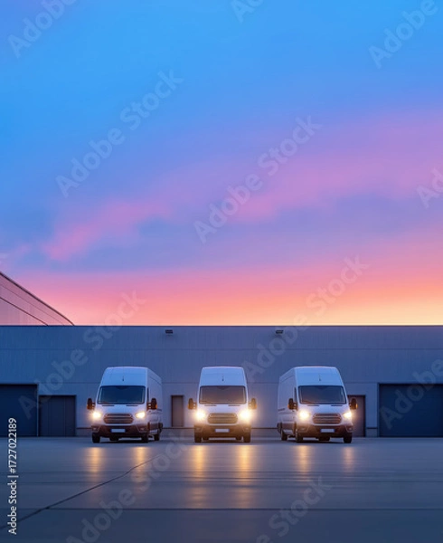 Obraz White delivery vans parked front of warehouse in morning, ready to start transporting goods. Generative AI