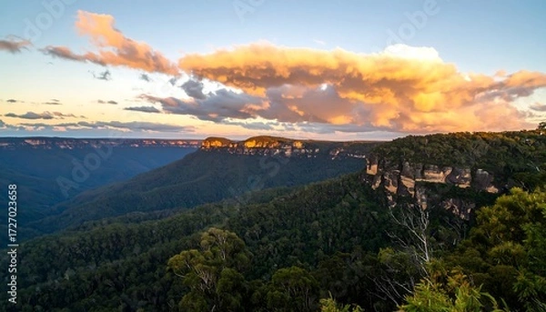 Obraz Scenic vista of lush, forested valley below a clifftop, with colorful clouds above