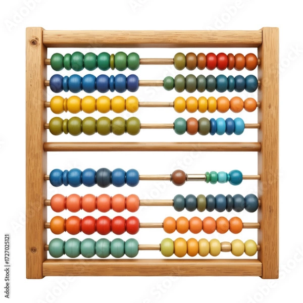 Fototapeta Illustration of a wooden abacus with colorful beads, isolated on a white background.