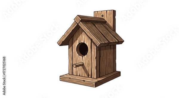 Fototapeta Illustration of a wooden birdhouse with small cracks and rustic texture on a white background.