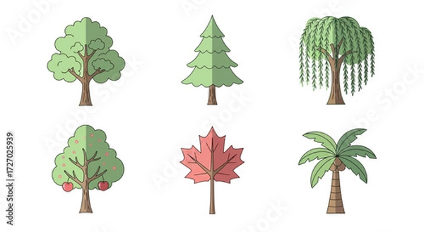 Fototapeta Set of different trees in a simple flat design, each representing a unique type, arranged to showcase diversity. Vector illustration