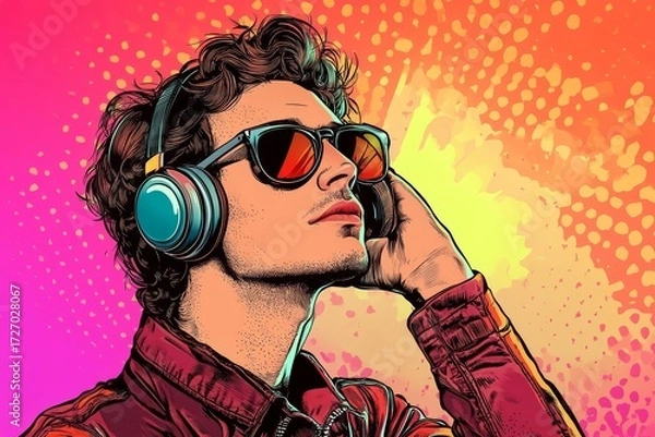 Fototapeta Young man wearing headphones and sunglasses, listening music on a colorful background. Vibrant pop art retro style. Created with, Generative AI