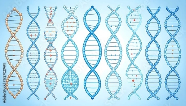 Obraz Rows of varied, stylized DNA double helixes shown against a soft blue gradient background