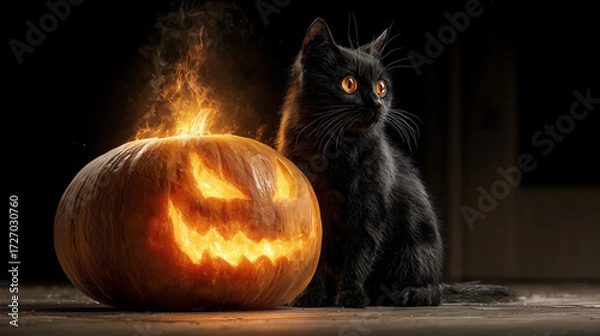 Obraz black cat sitting upright beside a flaming jack-o-lantern pumpkin on Halloween night