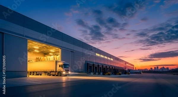 Fototapeta Sunrise at the Distribution Center Truck Loading at Warehouse Docks for Efficient Logistics