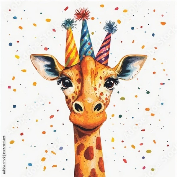 Fototapeta Funny cartoon party giraffe head isolated over white background. Colorful joyful greeting card for birthday or other festive events. Created with, Generative AI