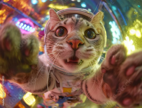 Fototapeta Portrait of a cat astronaut in space orbiting the planet. Animal as an astronaut in outer space