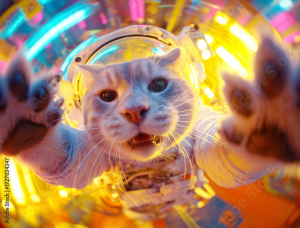 Fototapeta Portrait of a cat astronaut in space orbiting the planet. Animal as an astronaut in outer space