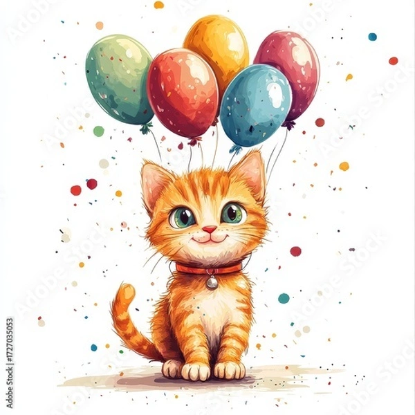 Fototapeta Funny cartoon party cat with balloons isolated over white background. Colorful joyful greeting card for birthday or other festive events. Created with, Generative AI