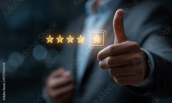 Fototapeta A satisfied customer gives a thumbs up for a five-star rating on his mobile phone, showing his positive feedback. Customer review satisfaction feedback survey concept. 