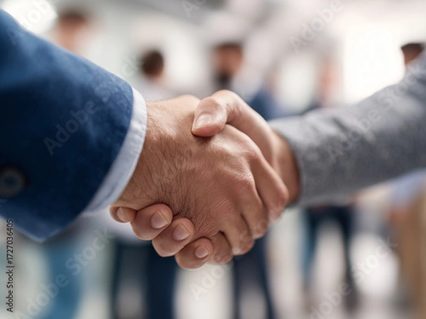 Fototapeta Handshake of business partners on the background of the office. Happy businessman shaking hands with his business partner.