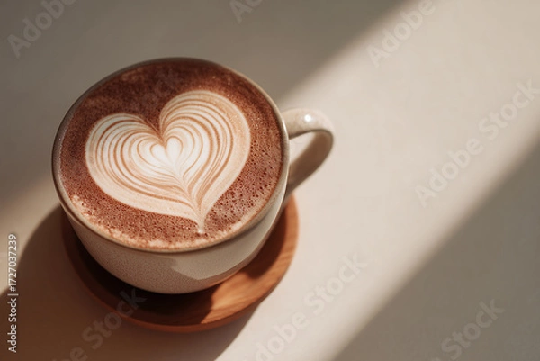 Fototapeta A cup of hot coffee latte art with heart sign foam on table background. Creative layout and concept of coffee shop branding and business