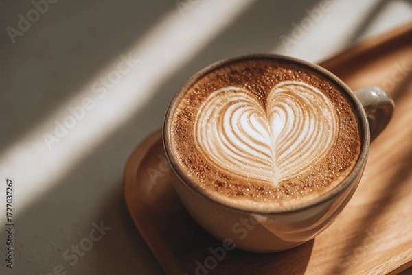 Fototapeta A cup of hot coffee latte art with heart sign foam on table background. Creative layout and concept of coffee shop branding and business