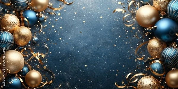 Fototapeta Holiday background with golden and blue metallic balloons, confetti and ribbons. Festive card for birthday party, anniversary, new year, christmas or other events. Created with, Generative AI