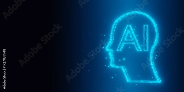 Fototapeta Glowing low-poly wireframe AI, artificial intelligence, human head with text on black background with copy space, technology background concept