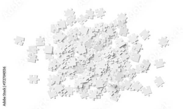 Fototapeta White jigsaw puzzle pieces heap flat lay top view on white background, logic or problem solving concept