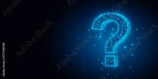 Fototapeta Blue glowing low poly wireframe question mark on dark background with copy space, faq, support or communication concept