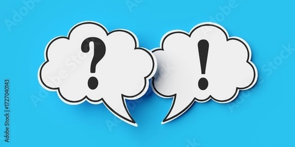 Fototapeta Question mark and exclamation mark in white outlined speech bubbles or balloons over blue background, chat or communication concept
