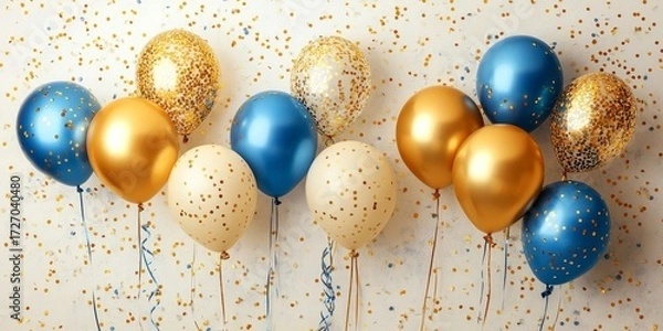 Fototapeta Holiday background with golden and blue metallic balloons, confetti and ribbons. Festive card for birthday party, anniversary, new year, christmas or other events. Created with, Generative AI