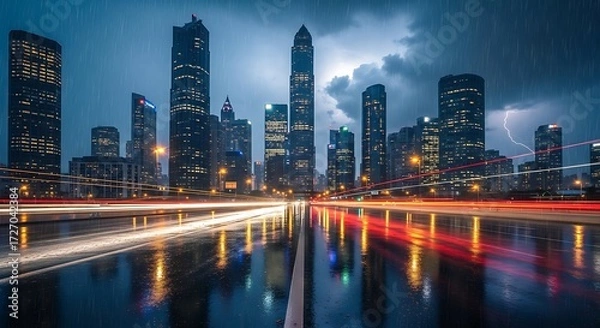 Fototapeta Rainy Cityscape at Night with Lightning and Light Trails on Wet Road
