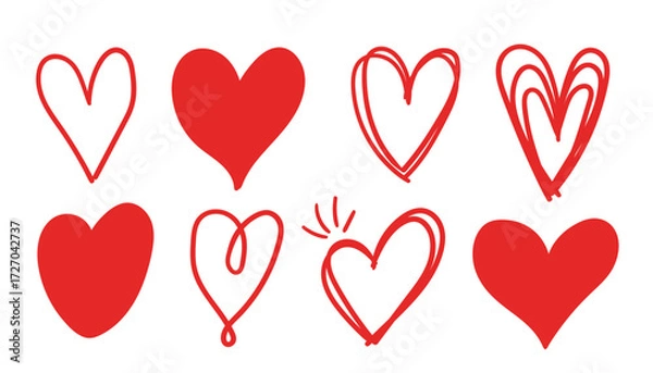 Fototapeta Hand drawn red Hearts in different pose icon set. scribble heart illustration Collection