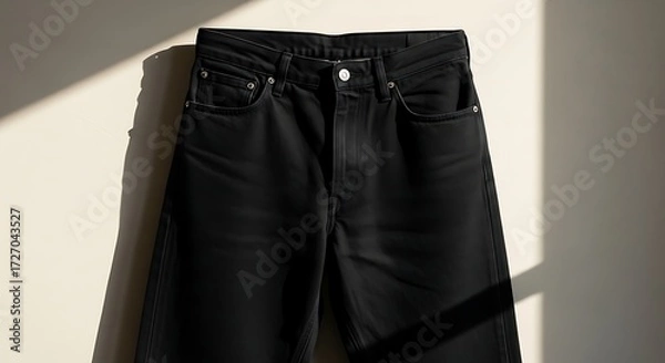 Fototapeta Folded Black Denim Jeans with Light and Shadow on Neutral Background