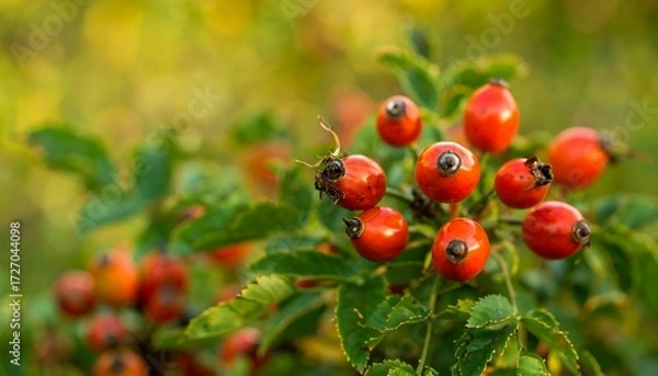 Obraz Close-up of rose hips on a bush with vibrant green leaves against blurred background