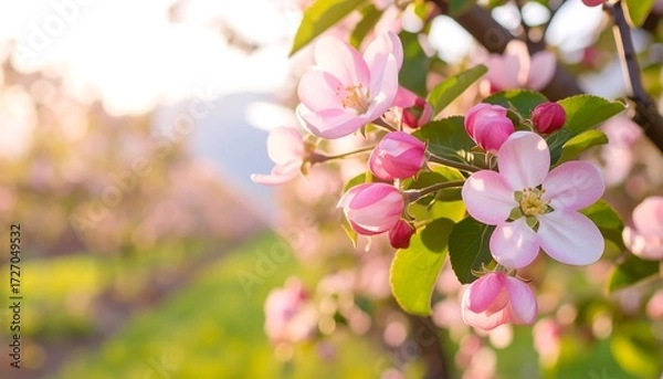 Obraz Pink & white blossoms on a branch against a blurred background, sunlight pouring through