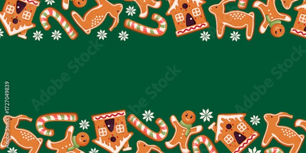 Fototapeta Gingerbread cookie border frame with man, candy cane, reindeer, house and snowflake in cartoon illustration for Christmas holiday package, cafe seasonal menu, festive postcard design.