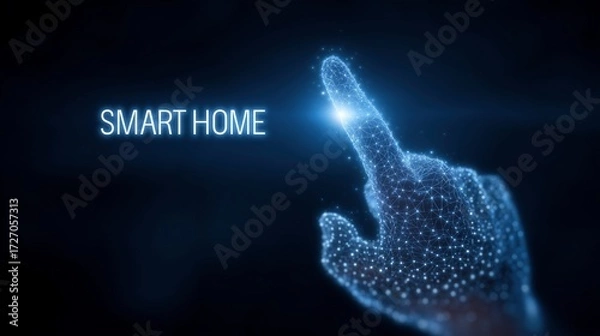 Fototapeta Glowing wireframe hand activating smart home system image with digital overlay. Holographic connections photography conceptual. Futuristic touch technology concept photo realistic