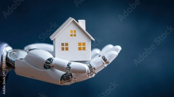 Fototapeta Robotic hand cradling white house model image closeup. Artificial intelligence real estate miniature close-up photography. Realty property. Smart home technology concept photo realistic