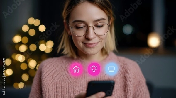 Fototapeta Young woman in glasses controlling smart home via phone image with digital overlay. Lighting and electronics features photography conceptual. House connection concept photo realistic