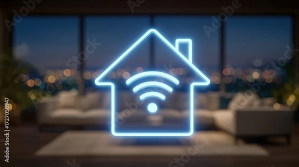 Fototapeta Smart home wi-fi icon in luxury living room interior image with digital overlay. Wifi house connectivity technology photography conceptual. Iot innovation concept photo realistic