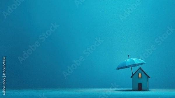 Fototapeta Cyan house under umbrella against teal blue minimalist banner image. Safety and home insurance photo-realistic background blurred. Property coverage concept photography copy space
