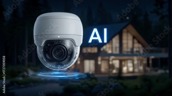 Fototapeta AI smart camera securing house gadget at night image. Remote surveillance. Nighttime protection photography scene photorealistic. Home monitoring technology concept photo realistic