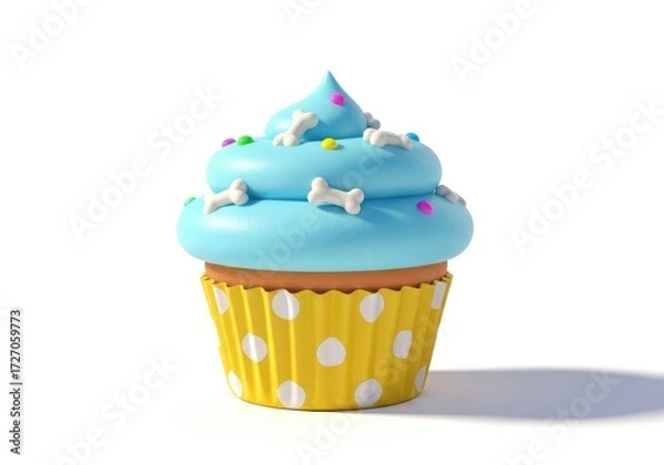 Fototapeta Blue frosted cupcake with bone and sprinkle decorations in yellow polka dot wrapper frosting