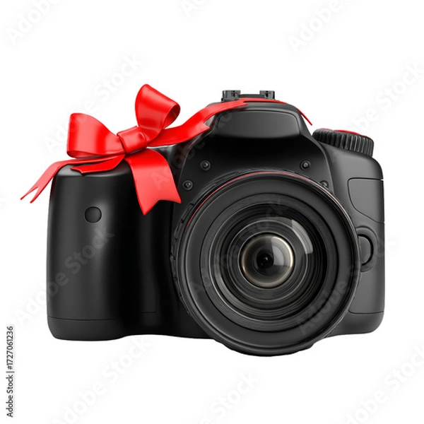 Fototapeta Black camera with red ribbon bow. Isolated white background. Png format