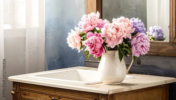 Obraz Pink peonies in white pitcher on marbled bathroom counter with mirror and blue wall